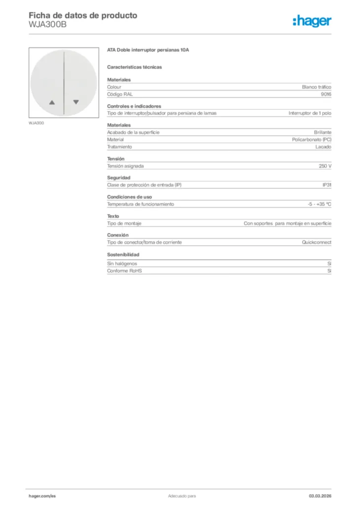 Imagen Hager Ficha de datos de producto WJA300B | Hager España