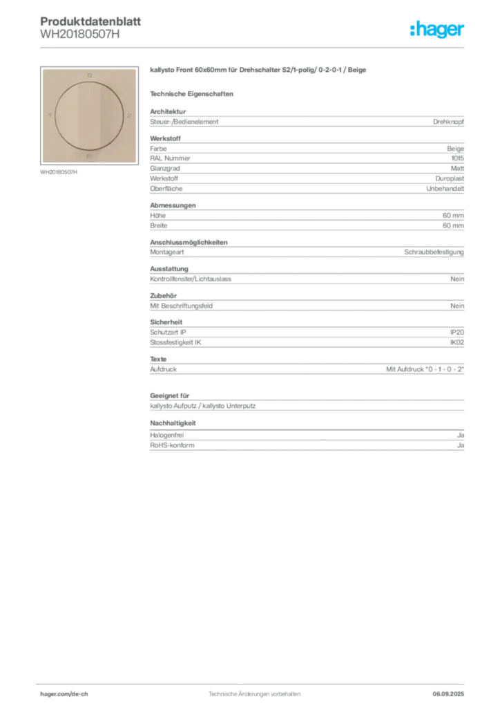 Bild Hager Produktdatenblatt WH20180507H | Hager Schweiz
