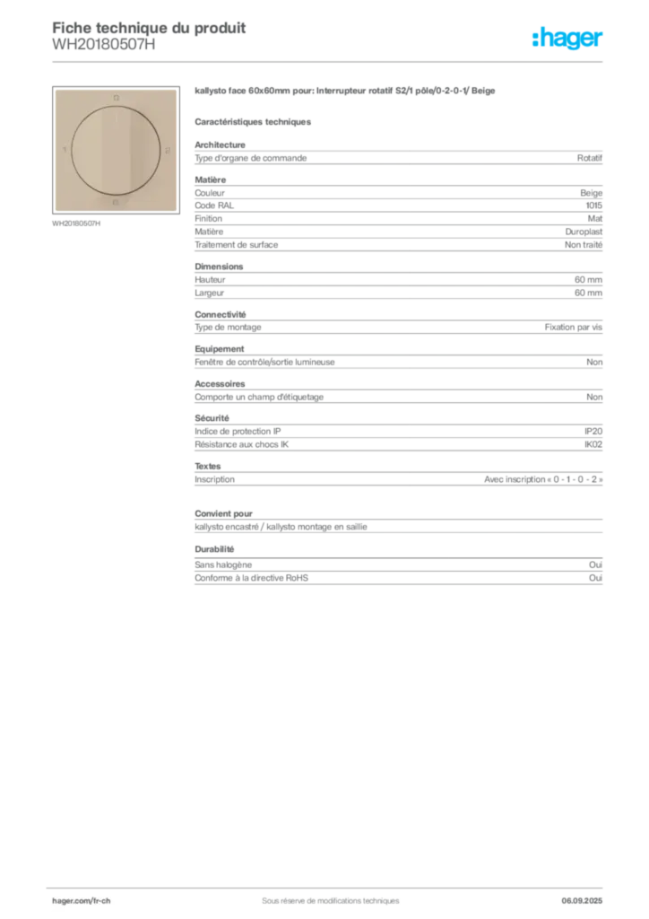 Image Hager Fiche technique du produit WH20180507H | Hager Suisse