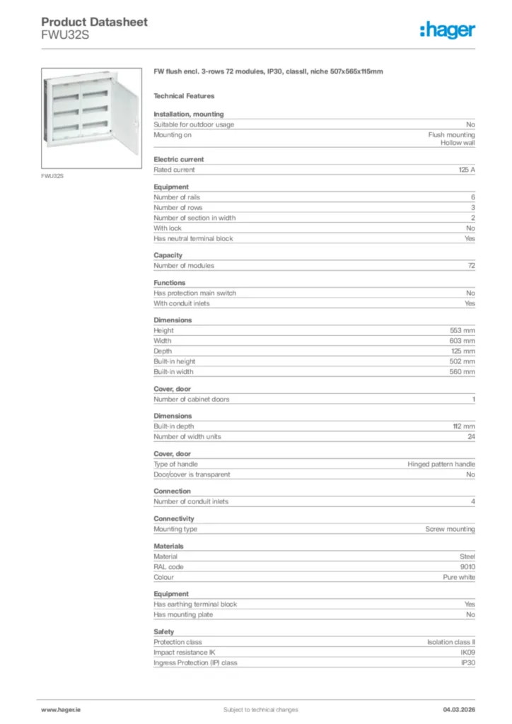 Image Hager Product data sheet FWU32S  | Hager