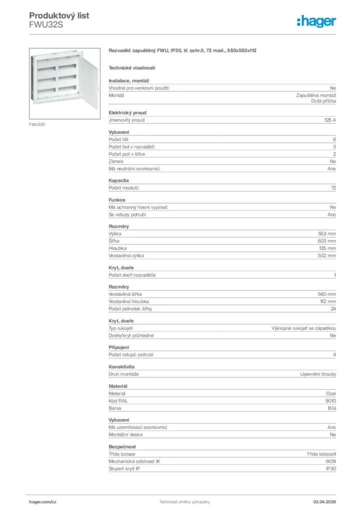 Obrázek Hager Product data sheet FWU32S | Hager