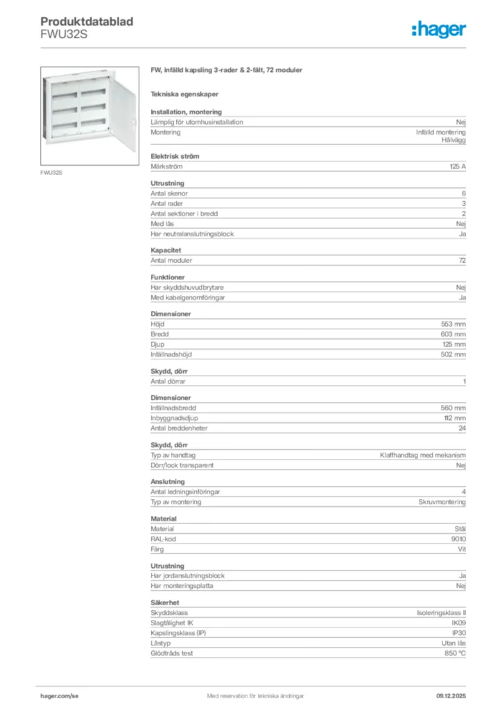 Bild Hager Produktdatablad FWU32S | Hager Sverige