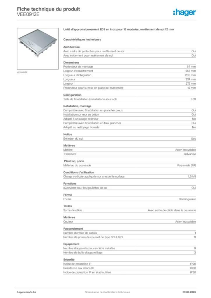 Image Hager Fiche technique du produit VEE0912E | Hager Belgique