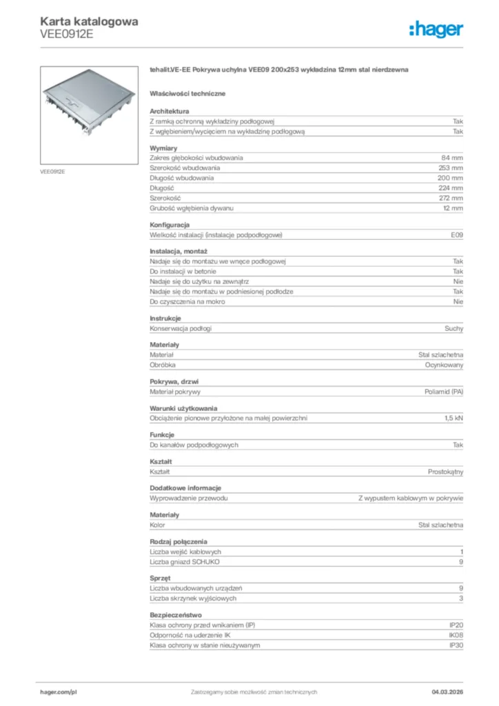 Zdjęcie Hager Karta katalogowa VEE0912E | Hager Polska