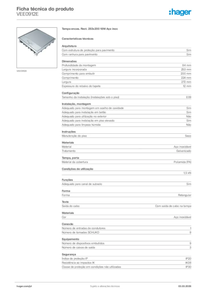Imagem Hager Ficha técnica do produto VEE0912E | Hager Portugal