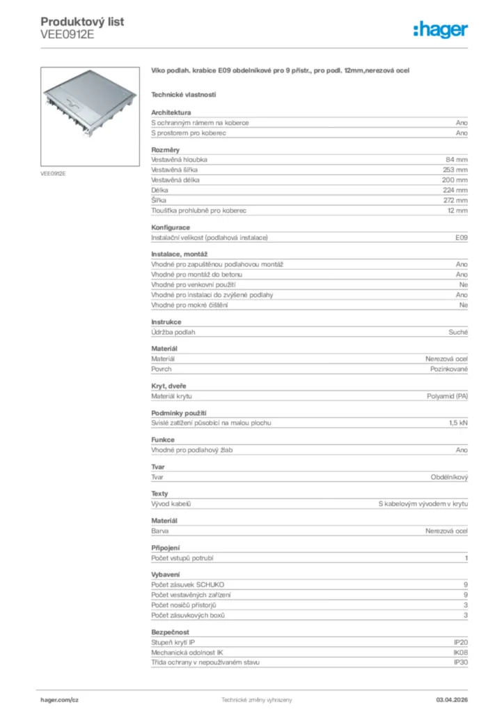 Obrázek Hager Product data sheet VEE0912E | Hager