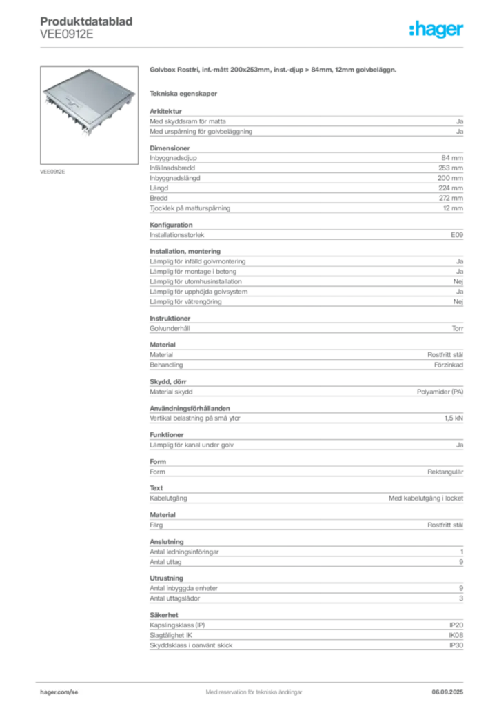 Bild Hager Produktdatablad VEE0912E | Hager Sverige