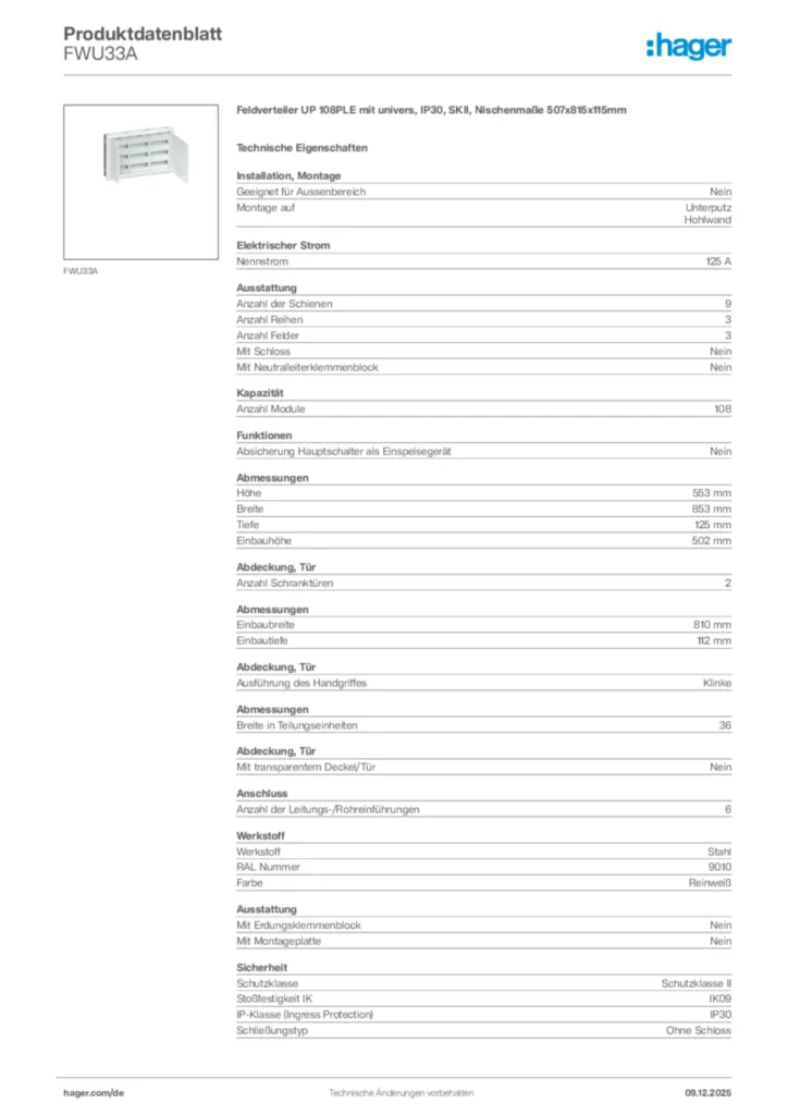 Bild Hager Produktdatenblatt FWU33A | Hager Deutschland