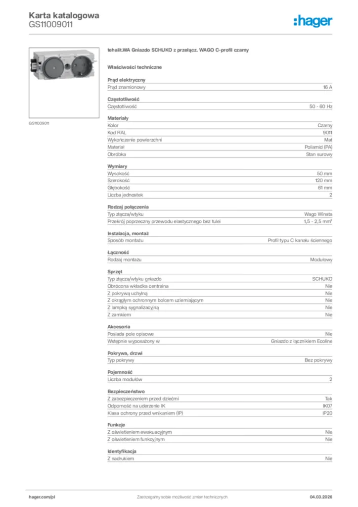 Zdjęcie Hager Karta katalogowa GS11009011 | Hager Polska