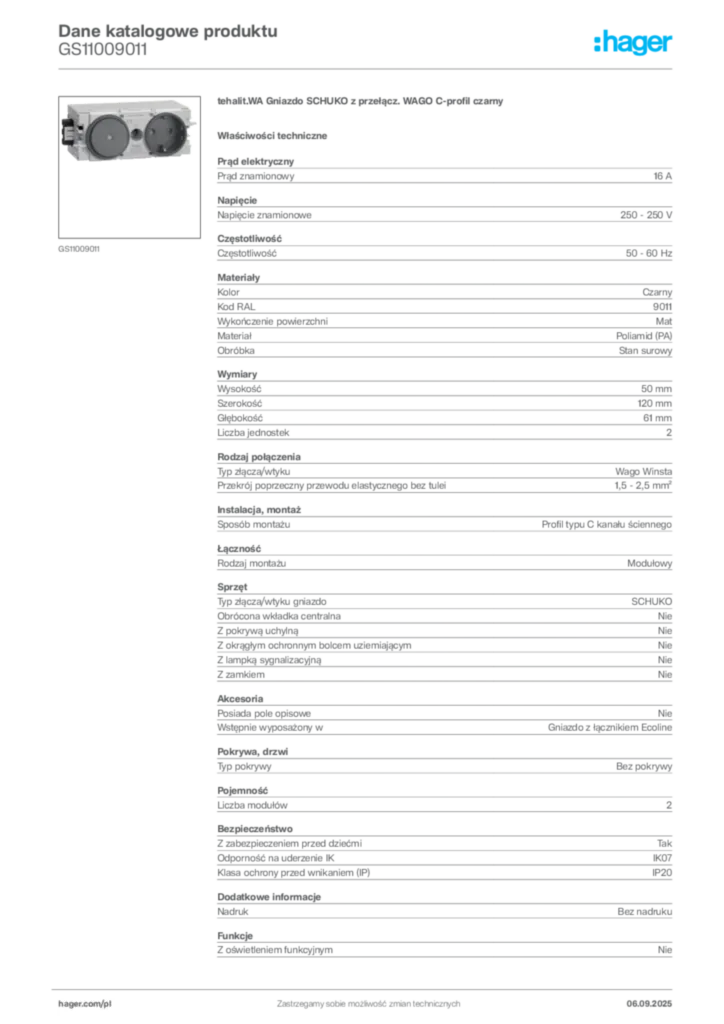 Zdjęcie Hager Dane katalogowe produktu GS11009011 | Hager Polska