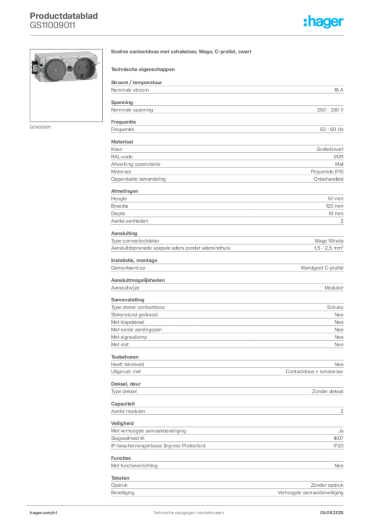 Afbeelding Hager Productdatablad GS11009011 | Hager Nederland