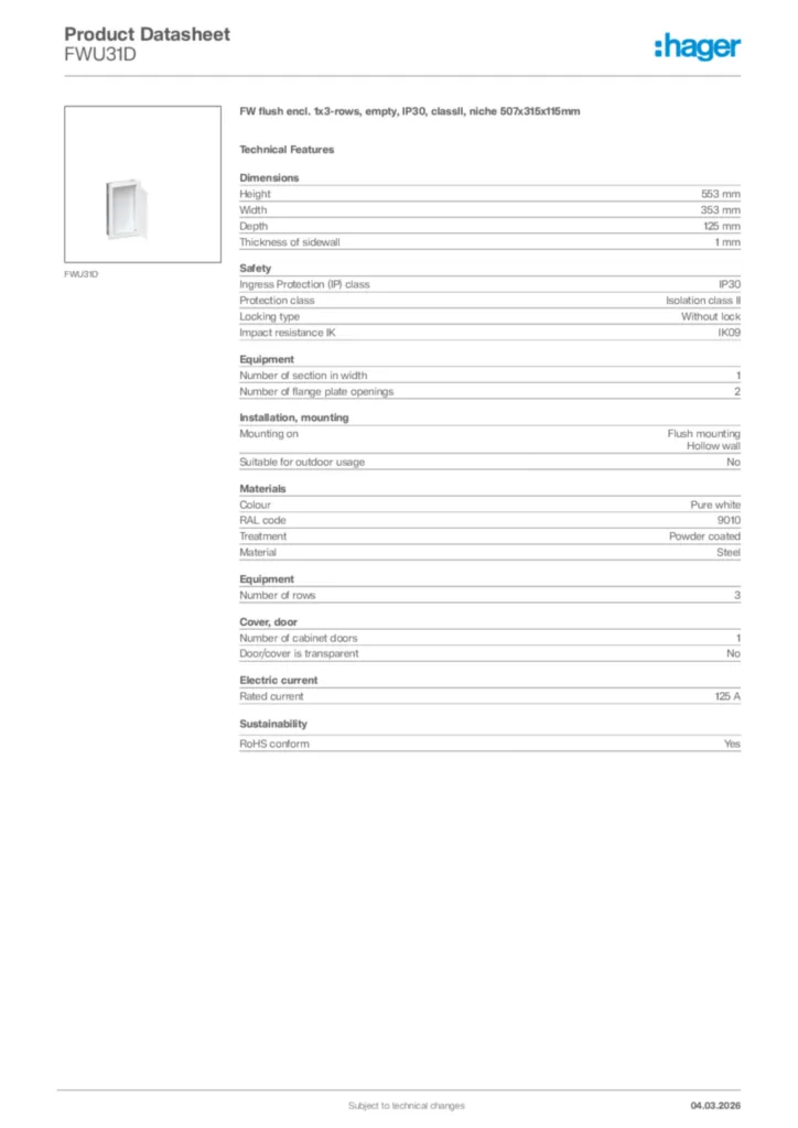 Image Hager Product data sheet FWU31D  | Hager Africa