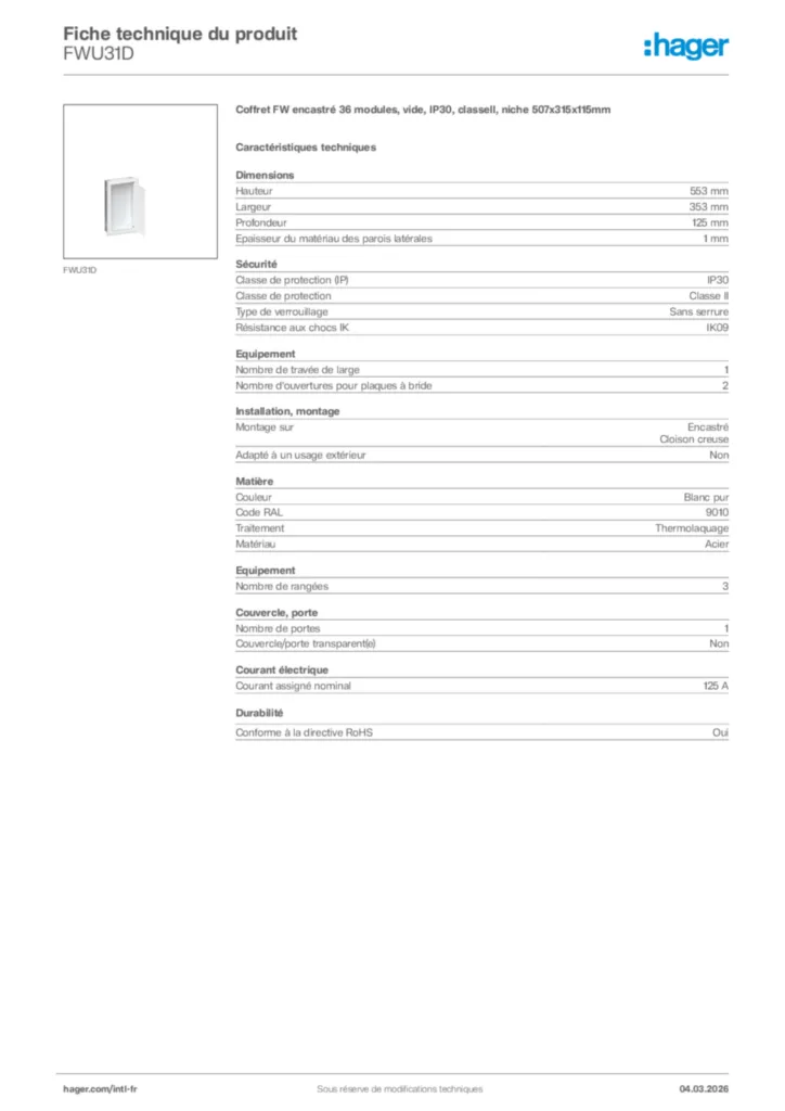 Image Hager Fiche technique du produit FWU31D | Hager Afrique