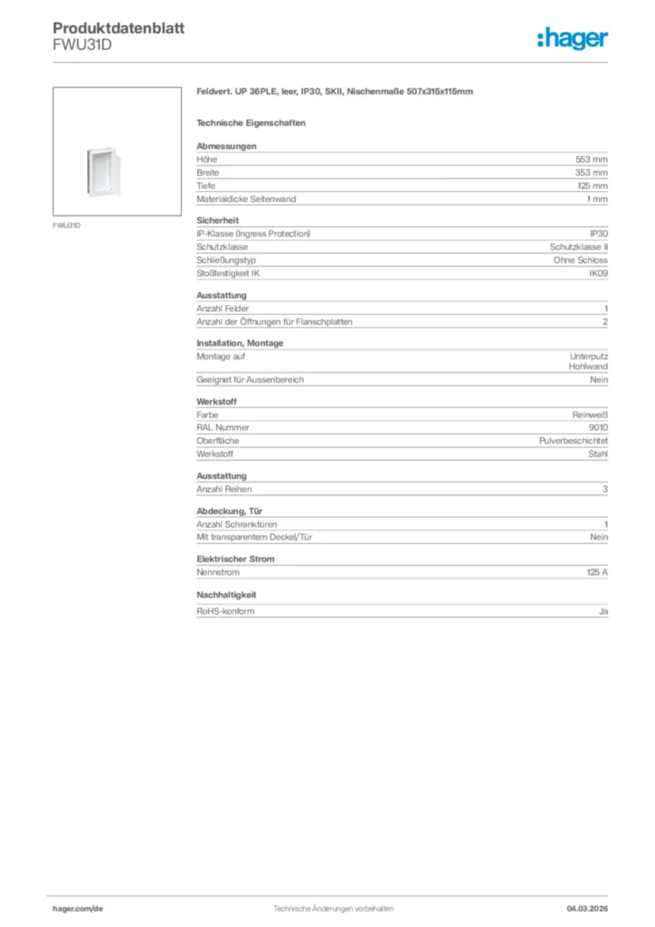 Bild Hager Produktdatenblatt FWU31D | Hager Deutschland