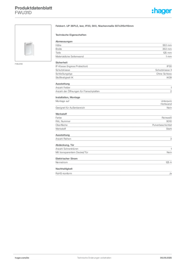 Bild Hager Produktdatenblatt FWU31D | Hager Deutschland