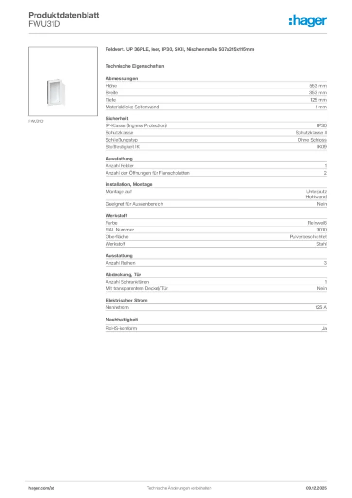 Bild Hager Produktdatenblatt FWU31D | Hager Deutschland