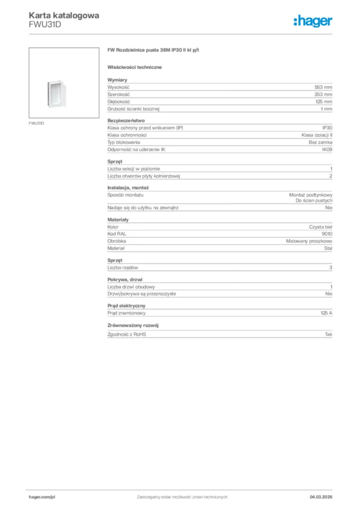 Zdjęcie Hager Karta katalogowa FWU31D | Hager Polska