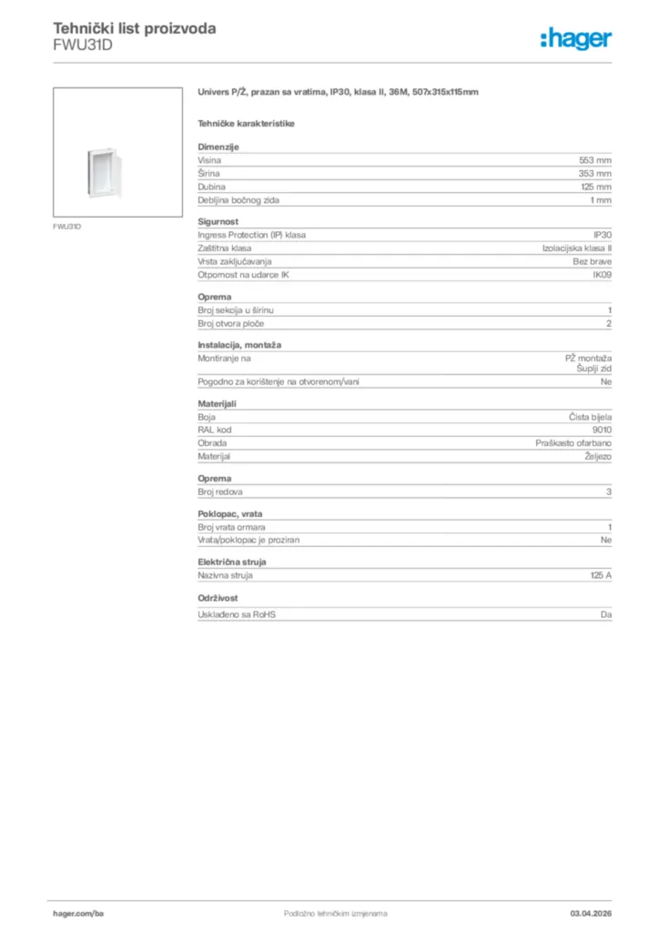 Slika Hager Tehnički list proizvoda FWU31D  | Hager