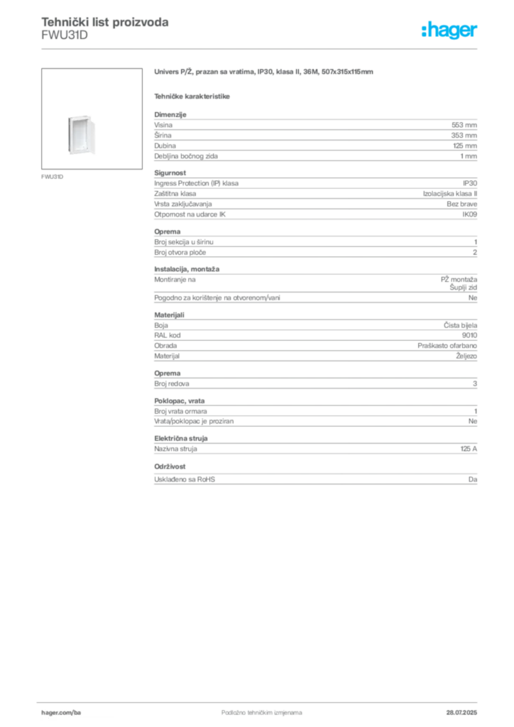 Slika Hager Product data sheet FWU31D  | Hager