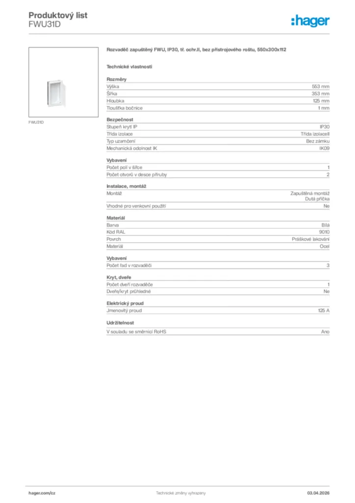 Obrázek Hager Product data sheet FWU31D | Hager