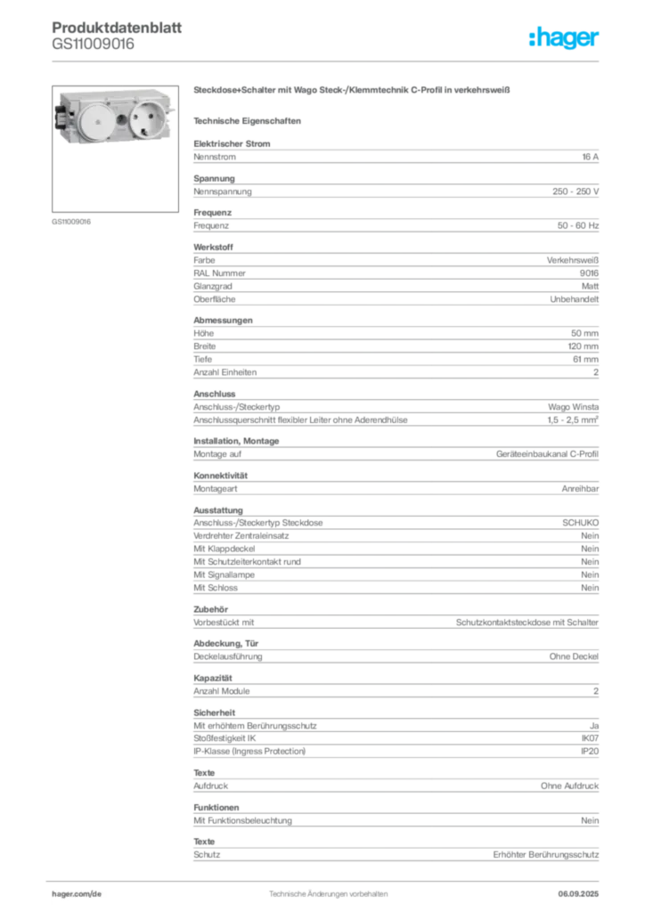 Bild Hager Produktdatenblatt GS11009016 | Hager Deutschland