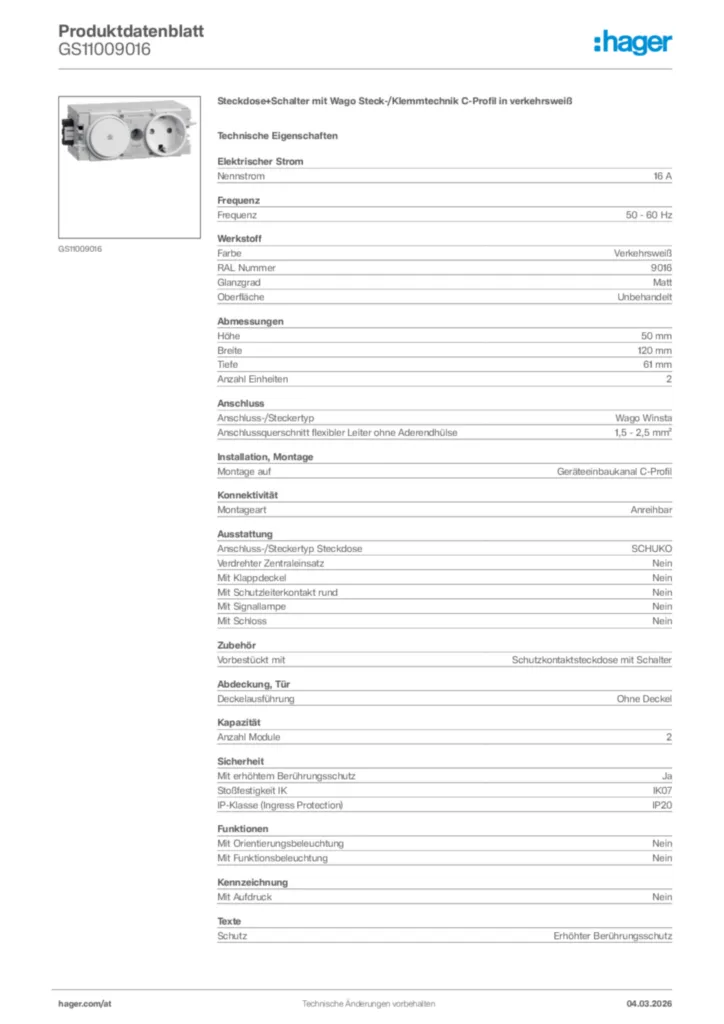 Bild Hager Produktdatenblatt GS11009016 | Hager Deutschland