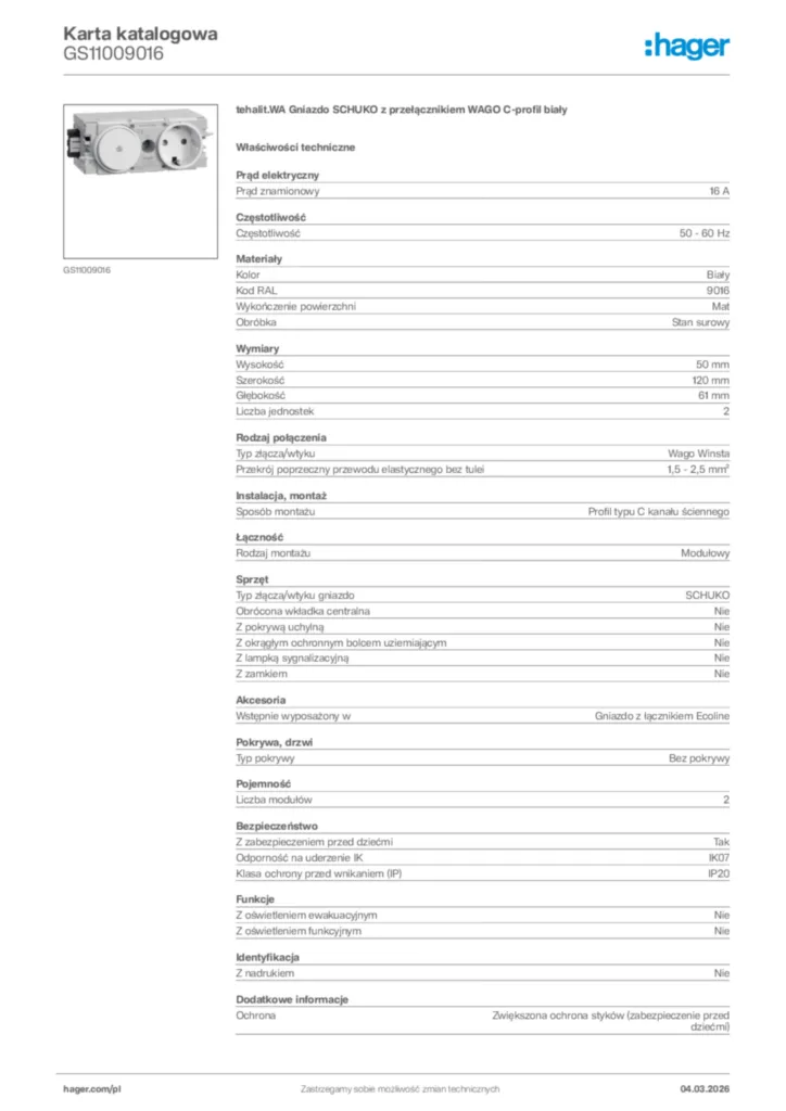 Zdjęcie Hager Karta katalogowa GS11009016 | Hager Polska
