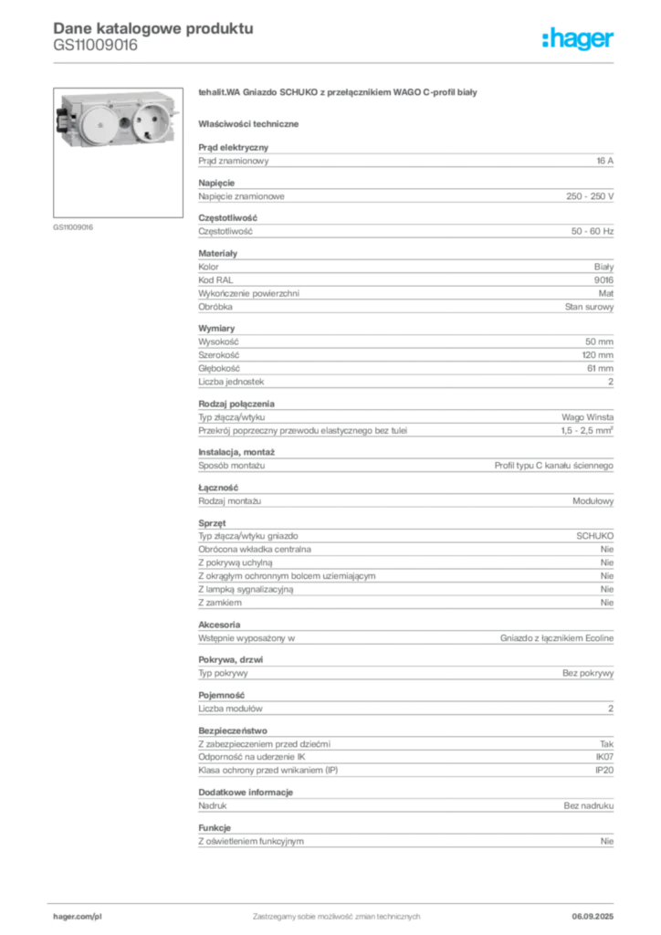 Zdjęcie Hager Dane katalogowe produktu GS11009016 | Hager Polska