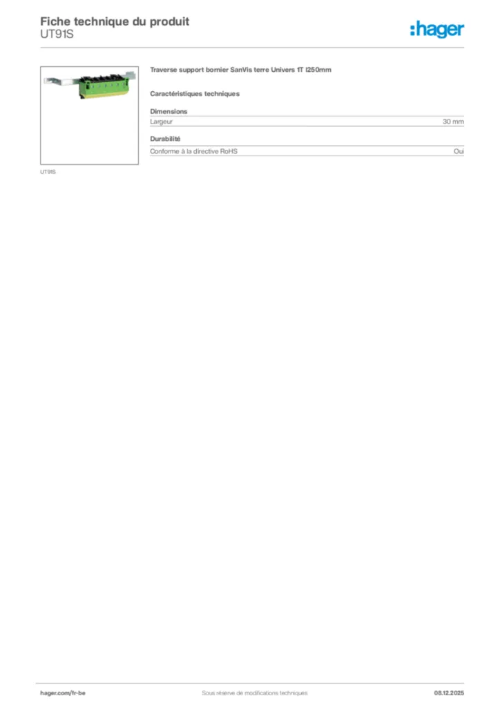 Image Hager Fiche technique du produit UT91S | Hager Belgique