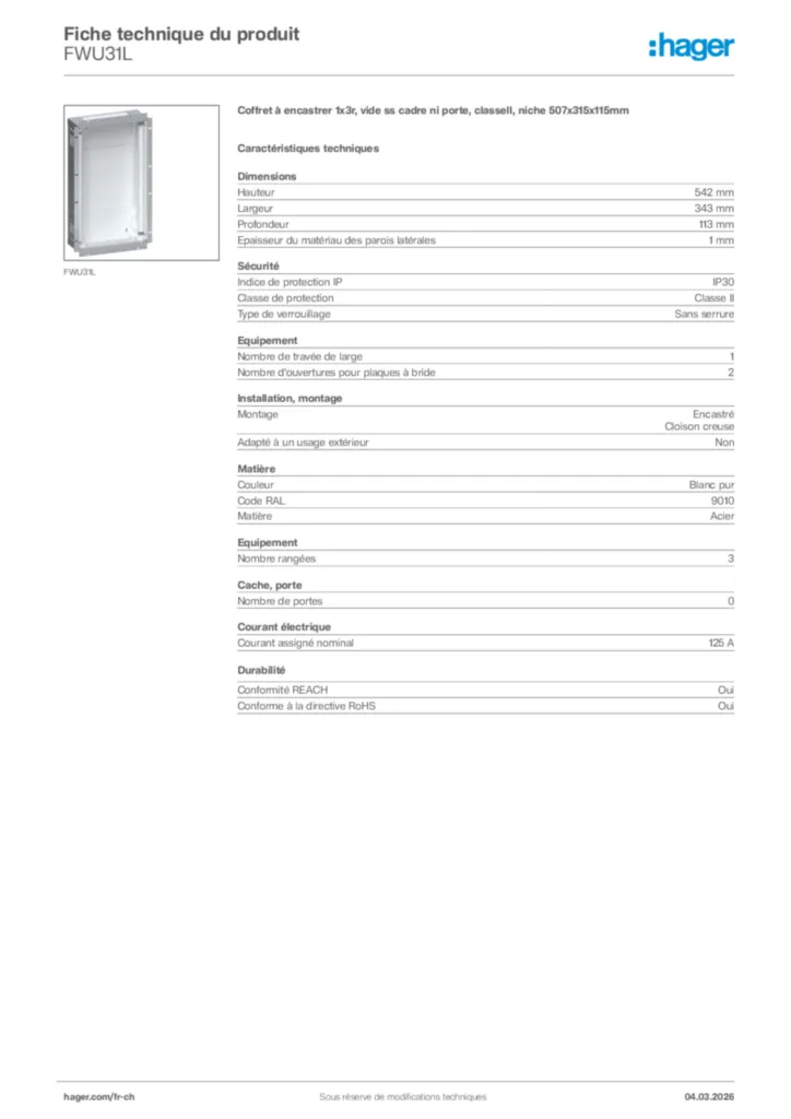 Image Hager Fiche technique du produit FWU31L | Hager Suisse