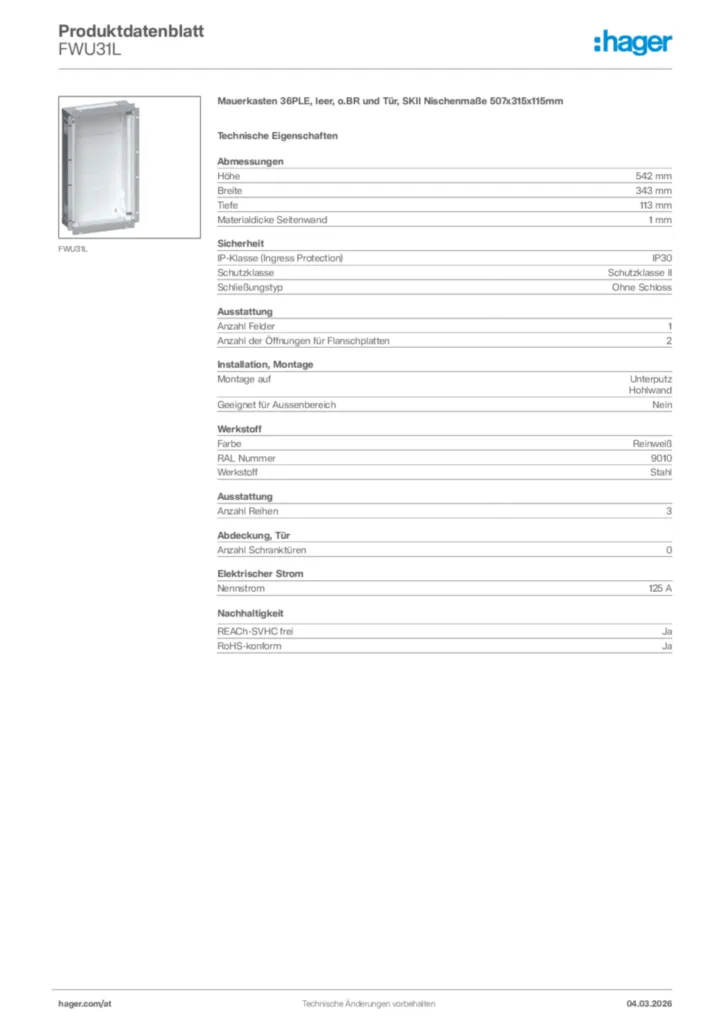 Bild Hager Produktdatenblatt FWU31L | Hager Deutschland