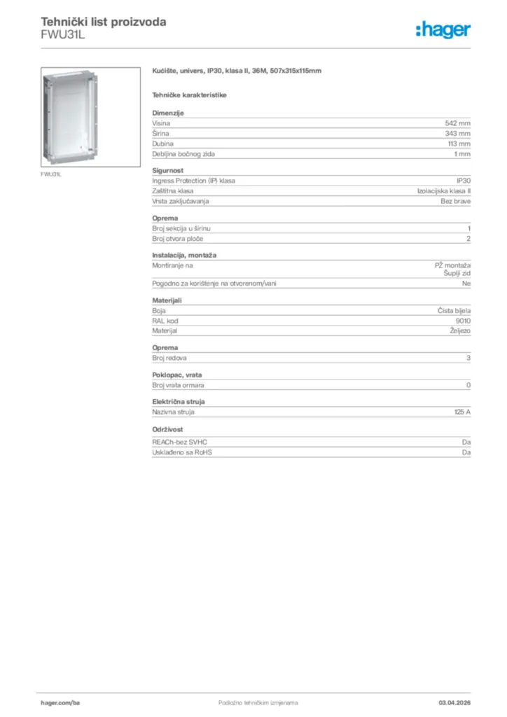 Slika Hager Tehnički list proizvoda FWU31L  | Hager