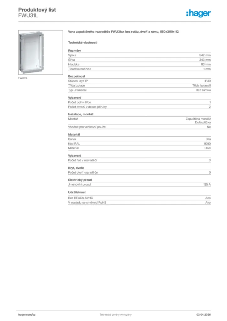 Obrázek Hager Product data sheet FWU31L | Hager