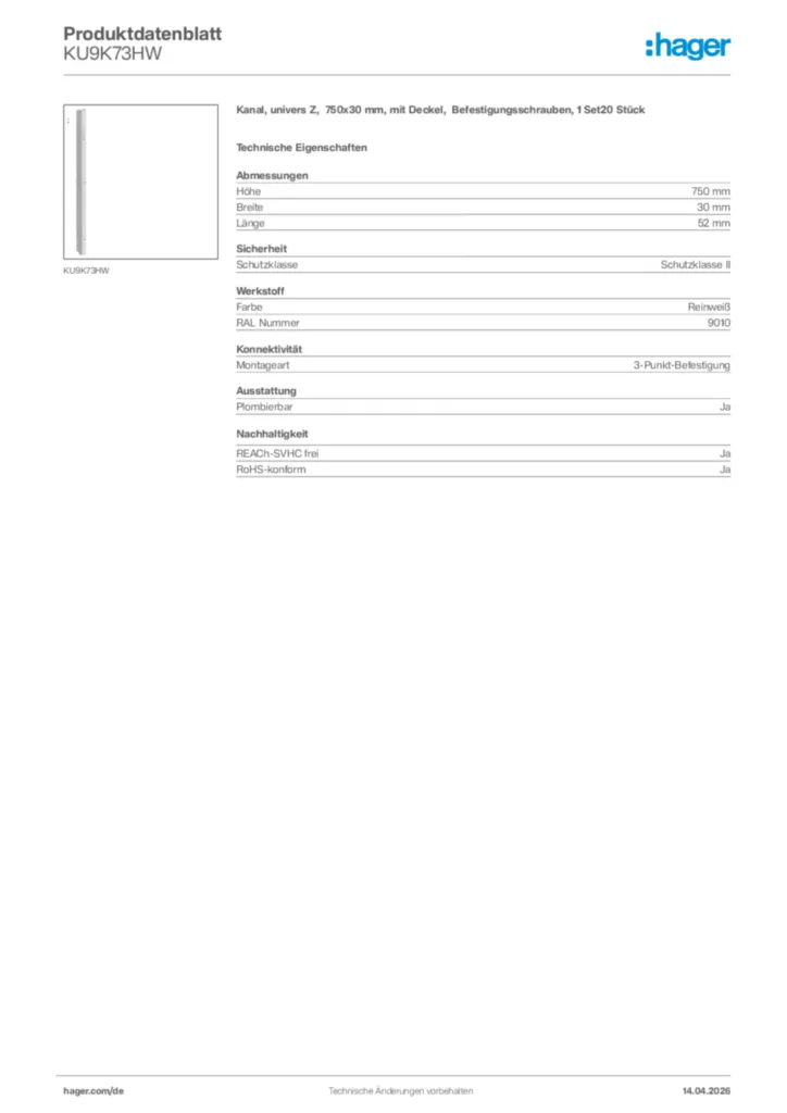Bild Hager Produktdatenblatt KU9K73HW | Hager Deutschland