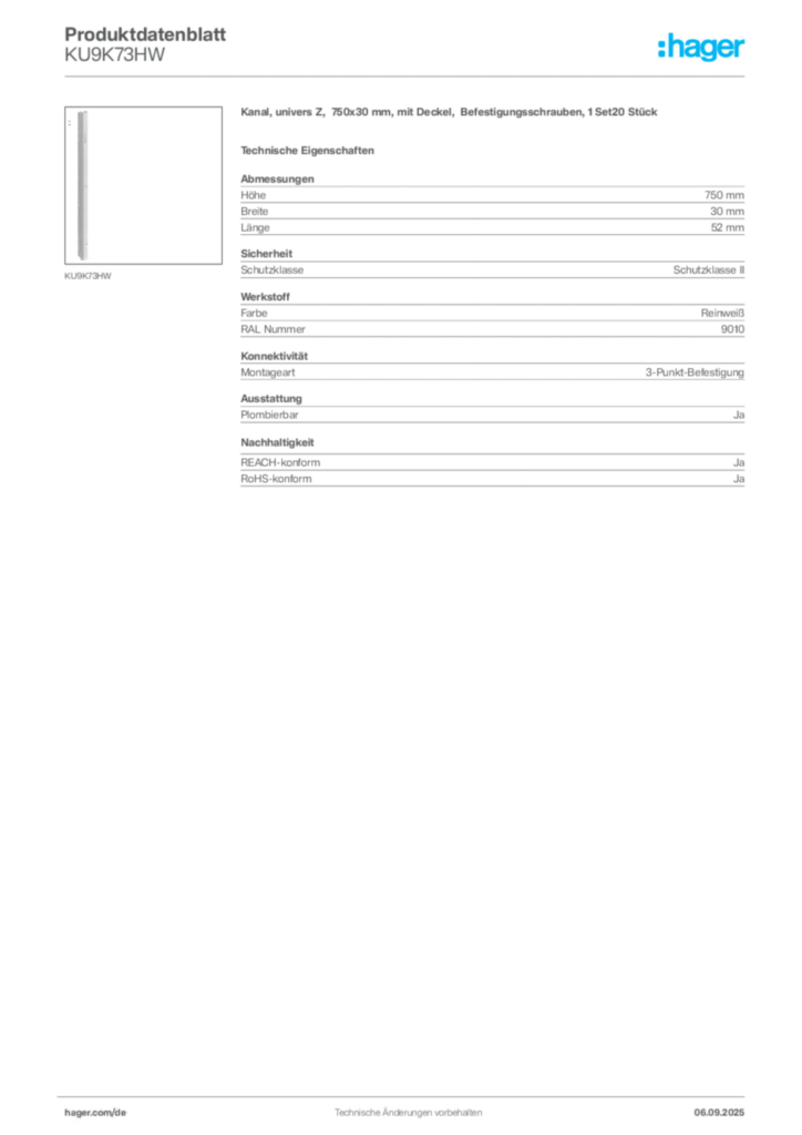 Bild Hager Produktdatenblatt KU9K73HW | Hager Deutschland