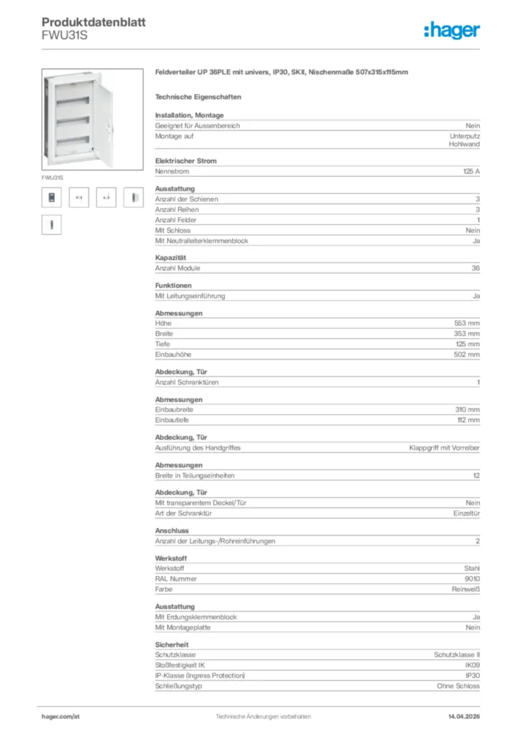 Bild Hager Produktdatenblatt FWU31S | Hager Deutschland