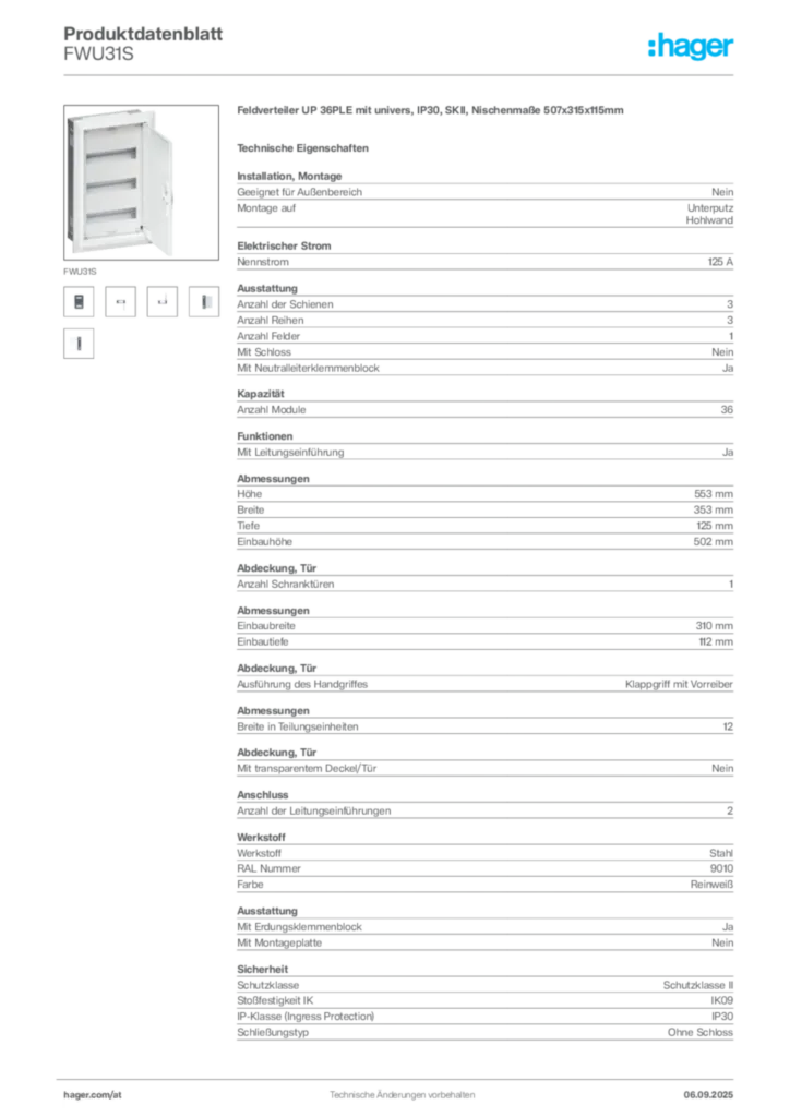 Bild Hager Produktdatenblatt FWU31S | Hager Deutschland