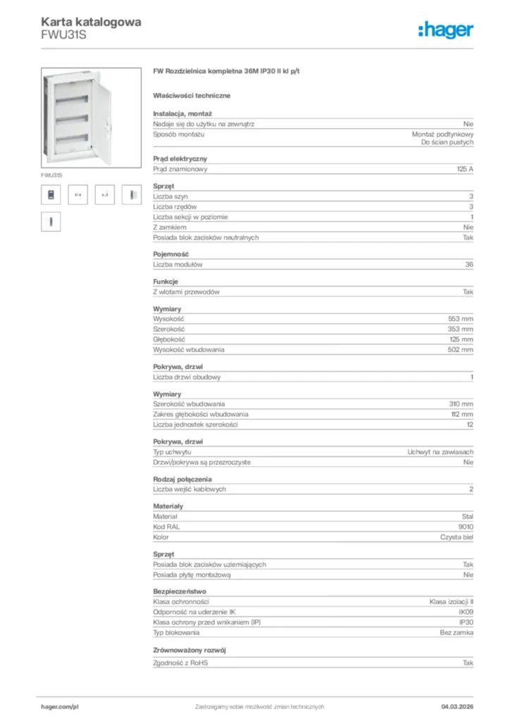 Zdjęcie Hager Karta katalogowa FWU31S | Hager Polska