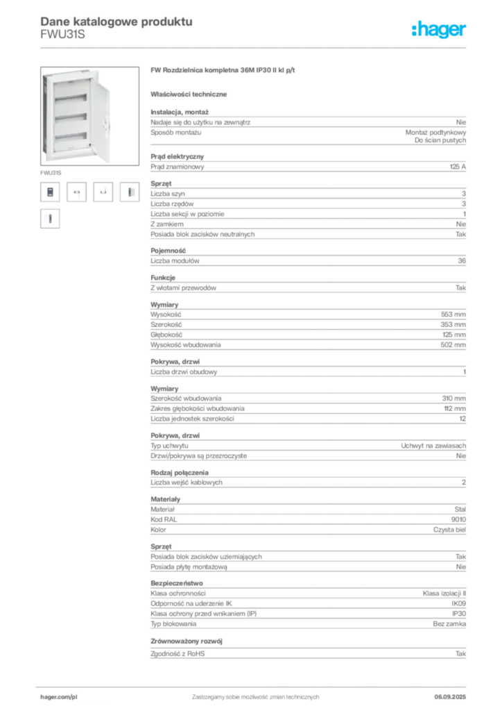 Zdjęcie Hager Dane katalogowe produktu FWU31S | Hager Polska