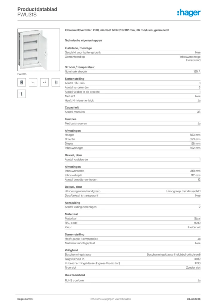 Afbeelding Hager Productdatablad FWU31S | Hager Nederland