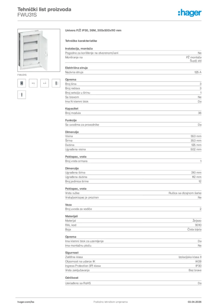 Slika Hager Tehnički list proizvoda FWU31S  | Hager