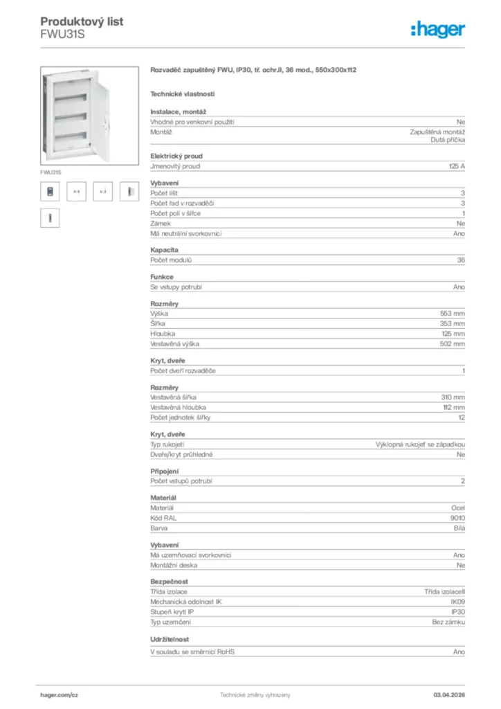 Obrázek Hager Product data sheet FWU31S | Hager