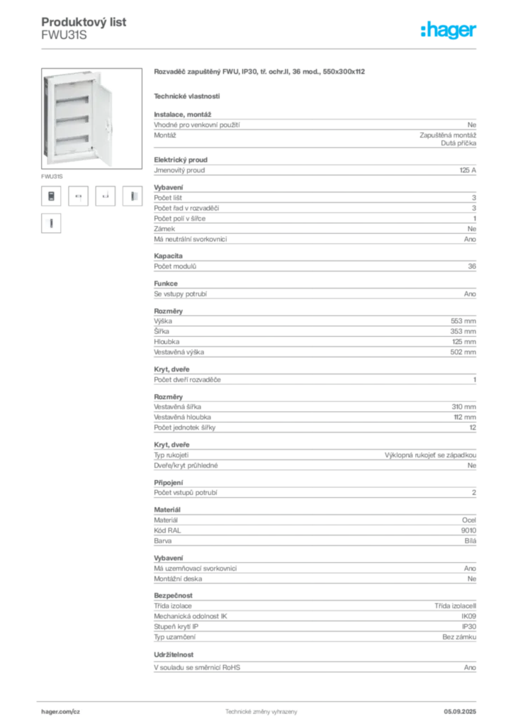 Obrázek Hager Produktový list FWU31S | Hager