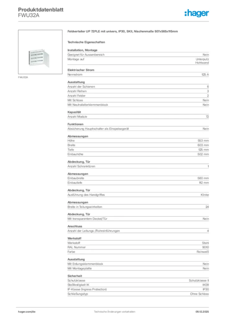 Bild Hager Produktdatenblatt FWU32A | Hager Deutschland