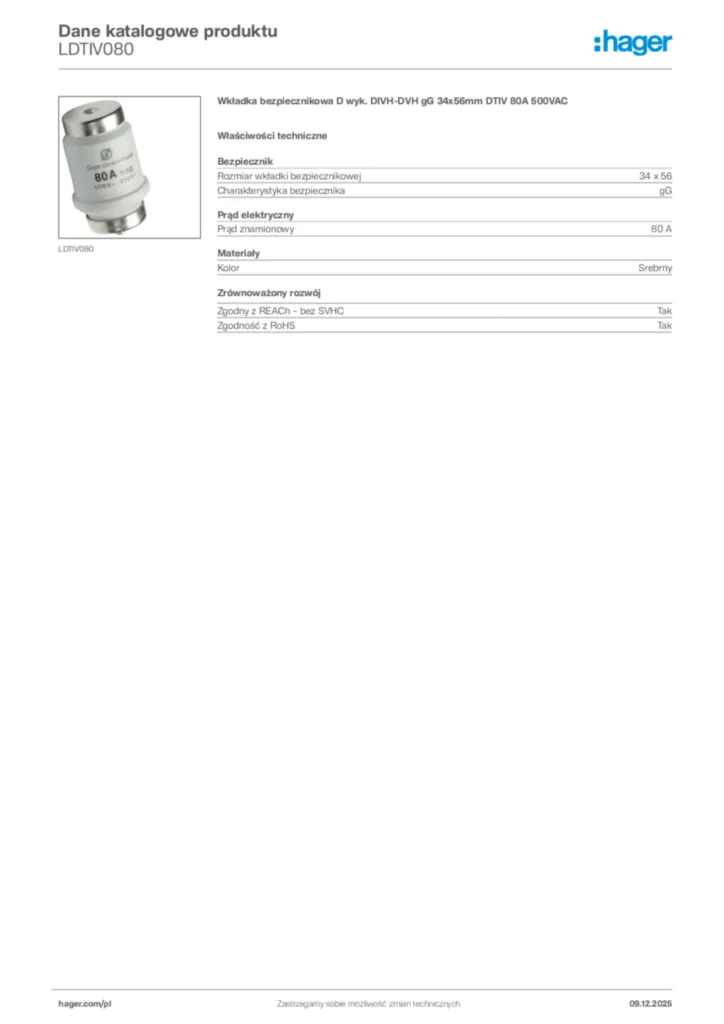 Zdjęcie Hager Dane katalogowe produktu LDTIV080 | Hager Polska