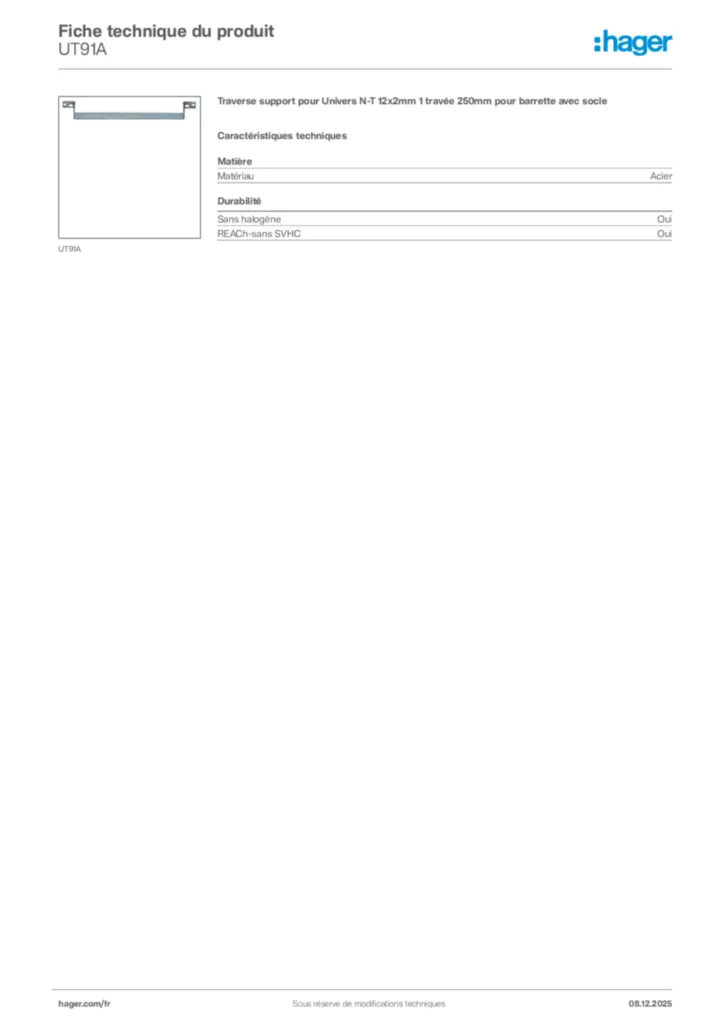 Image Hager Fiche technique du produit UT91A | Hager France