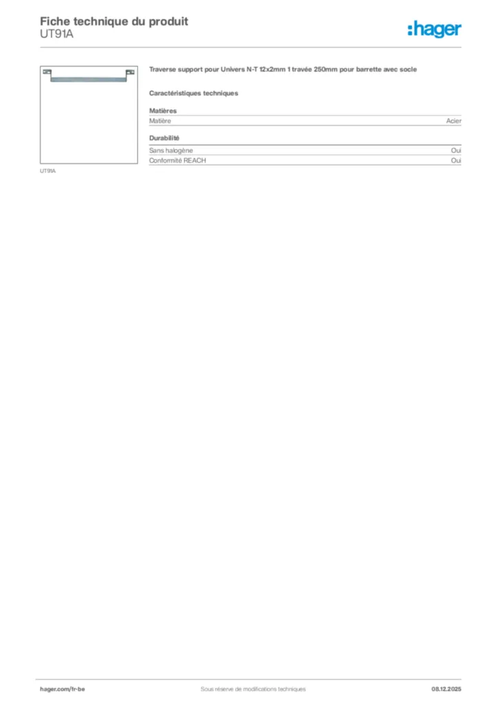 Image Hager Fiche technique du produit UT91A | Hager Belgique