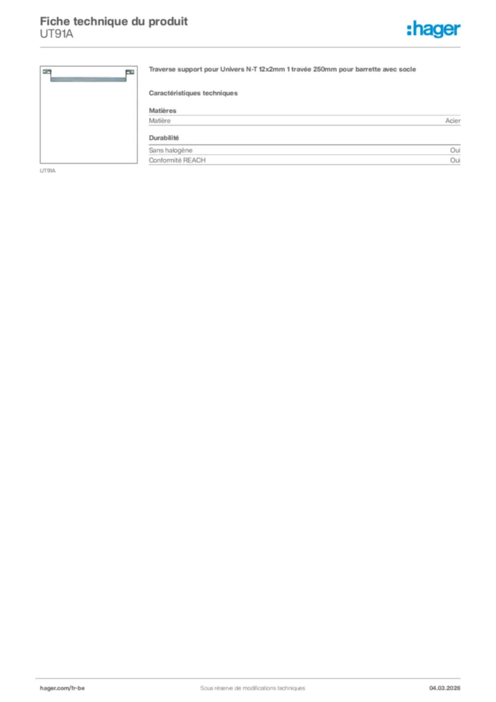 Image Hager Fiche technique du produit UT91A | Hager Belgique