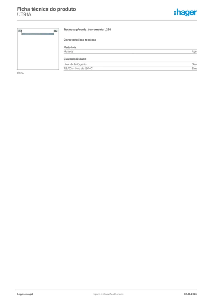 Imagem Hager Ficha técnica do produto UT91A | Hager Portugal