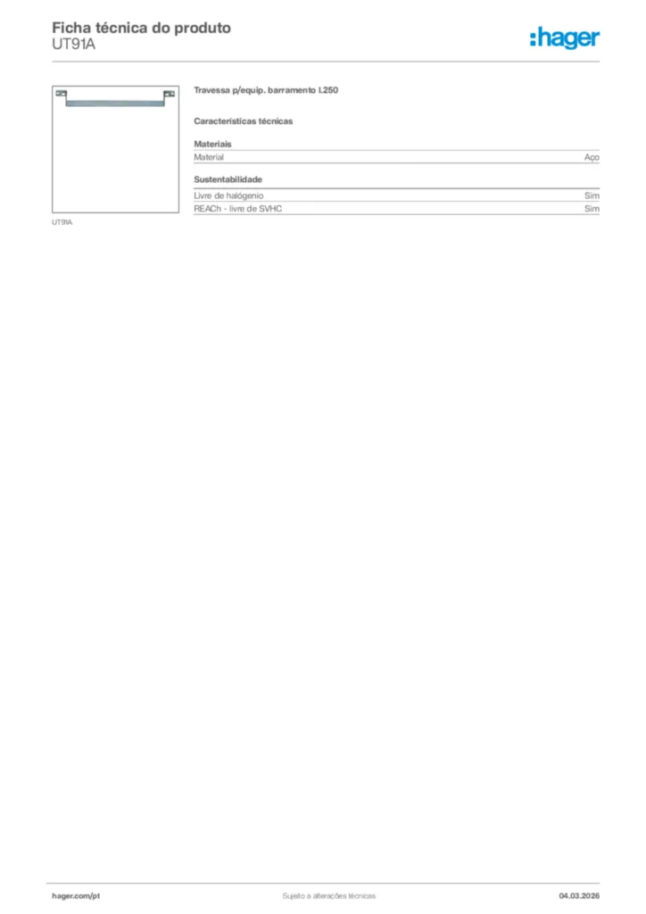Imagem Hager Ficha técnica do produto UT91A | Hager Portugal